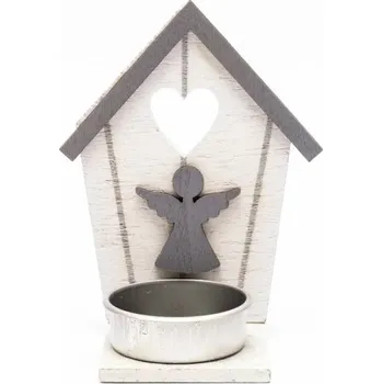 Vánoční dekorace DECOLED Dřevěný svícen na čajové svíčky chaloupka s andělem 10,5 × 5 cm, šedo bílá