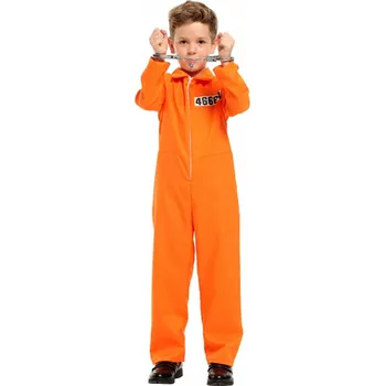 Karnevalový kostým Dětský kostým vězně, oranžová kombinéza s pouty, velikost 120-130 cm