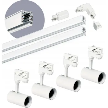 Bodové svítidlo Třífázový lištový systém 1m+2m lišta, 4x Svítidlo, L spojka BÍLÁ sada