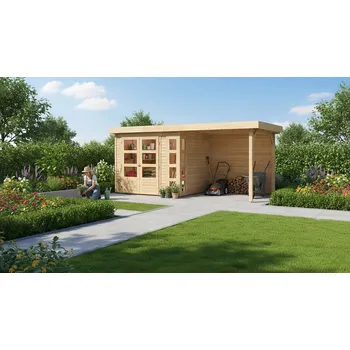 Zahradní stavba dřevěný domek KARIBU KERKO 3 + přístavek 240 cm včetně zadní stěny (9185) natur