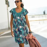 Šaty se sámky a macramé, krepon s tropickým potiskem tyrkysová 38