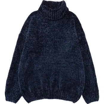 Dámský svetr SVETR TEPLÝ HRUBÝ CHLUPATÝ S ROLÁKEM - MODRÝ