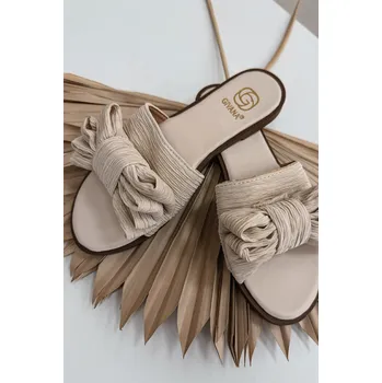 Dámské žabky Dámské pantofle na ploché podešvi s mašlí Béžové Amivelle 38