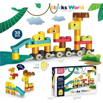 Dřevěná hračka Zvířátka z kostek na kolečkách pro batole 38 DÍLŮ