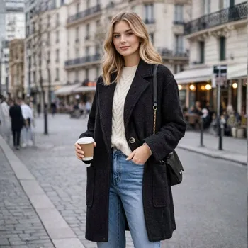 Dámský kabát Dámský černý kabát beránek Italský oversize teplý kapsy Uni