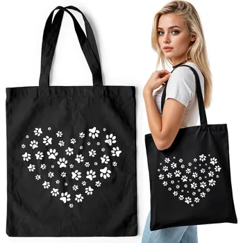 Černá bavlněná nákupní taška – SRDCE LÁSKA PES BÍLÝ MODRÉ MRAKY