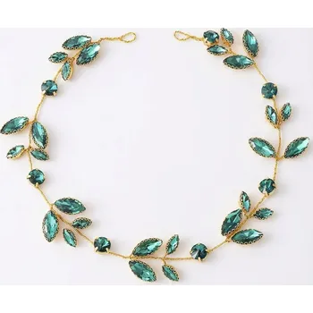 Souprava šperků B-TOP Zlatá ozdoba do vlasů s listovým motivem a zelenými krystaly