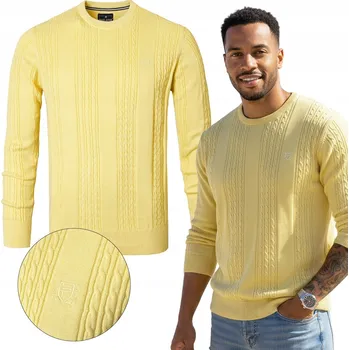 Pánský svetr Elegantní Pánský BAVLNĚNÝ svetr ŽLUTÝ Copánkový Vzor XL Pako Jeans