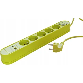 Napájecí kabel Zásuvková lišta kabel HYKKER 5 zásuvek + USB + USB C Limetka
