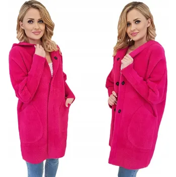 Dámský kabát Kabát Alpaka s KAPUCE, vlna, oversize střih, fuchsiová barva