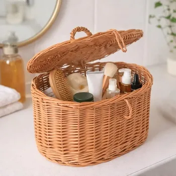 Úložný box Aqbau proutěný košík na kosmetiku s víkem, koupelnový koš boho