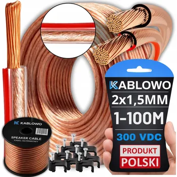 elektrický kabel DVOUŽILOVÝ REPRODUKTOROVÝ KABEL PRŮHLEDNÝ CU 2x1,5MM KABELOVĚ 1M + DRŽÁKY