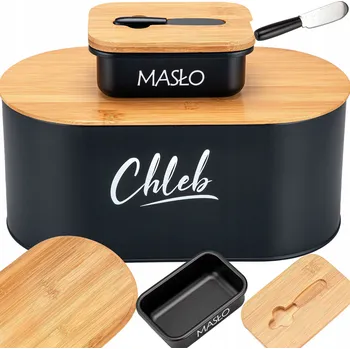 Dóza na potraviny SADA CHLEBNÍK S PRKÉNKEM, KOVOVÁ NÁDOBA NA POTRAVINY + MÁSLENKA S NOŽEM