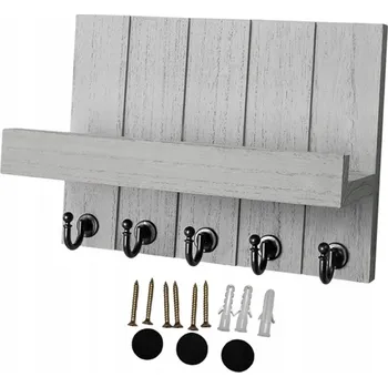 Věšák STOJAK NA KLUCZE VĚŠÁK NA ZEĎ DŘEVĚNÝ BÍLÝ 5 HÁČKŮ