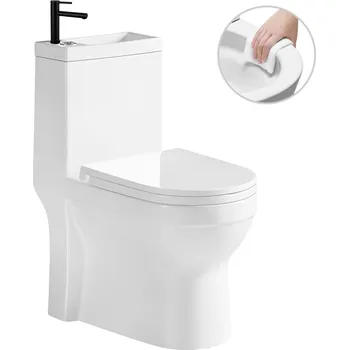 CERANO - WC set kombi s umývátkem Hygisink, Rimless + UF sedátko - spodní/zadní odpad - bílá lesklá + baterie Tiziana nízká - černá matná - 71,5x36 cm