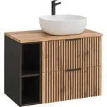 Závěsná koupelnová skříňka Comad s umyvadlem, rýhovaná, dub wotan/černá