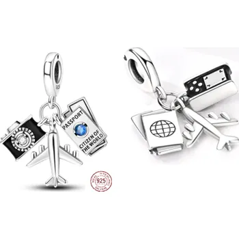 Přívěsek Charm Sterlingové stříbro 925 Cestovní pas, letadlo, fotoaparát 3v1, přívěsek na náramek cestování