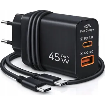 Rychlá GaN nabíječka 45W 2xUSB + USB-C kabel | napájecí adaptér | PD QC 3.0