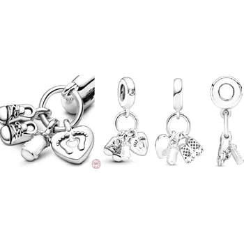 Přívěsek Charm Sterlingové stříbro 925 Moje děťátko, rodinné kouzlo s botami, lahvičkou a srdcem 3v1, přívěsek na náramek rodina