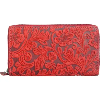 Peněženka Červená kožená peněženka celá na zip (penál) s ornamentálním vzorem s ochranou dat (RFID)