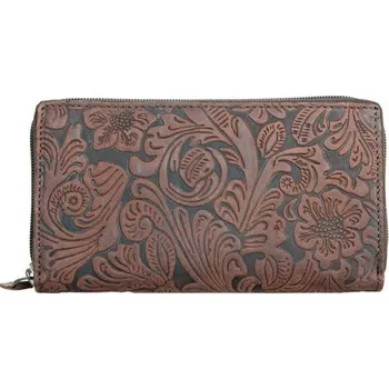 Peněženka Tmavohnědo-červenohnědá kožená peněženka celá na zip (penál) s ornamentálním vzorem s ochranou dat (RFID)