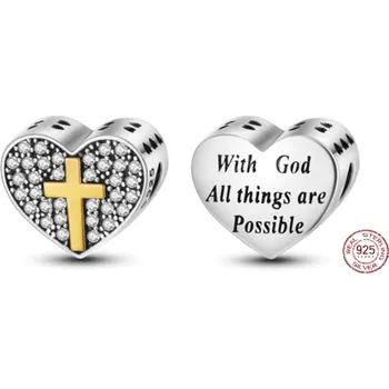 Přívěsek Charm Sterlingové stříbro 925 Duchovní symbol, Srdce, kříž, Bůh možností, korálek na náramek