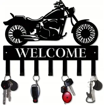 Věšák Nástěnný věšák na klíče DIKOM, kovový, háčky, motiv motorky, černý, velký