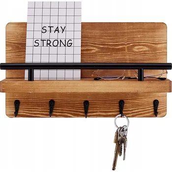 Věšák VĚŠÁK NA KLÍČE DŘEVĚNÝ S POLIČKOU DIKOM 5 HÁKŮ HNĚDÝ LOFT RUSTIKÁLNÍ