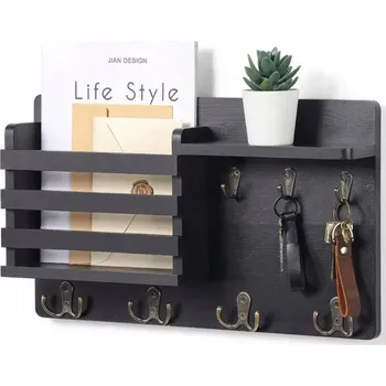 Věšák Dřevěný věšák na klíče a oblečení s košíkem a poličkou DIKOM, rustikální styl loft