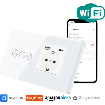 vypínač Chytrý stmívač s rychlonabíjecí zásuvkou s USB a USB-C, tvrzené sklo, dotykový, bílý