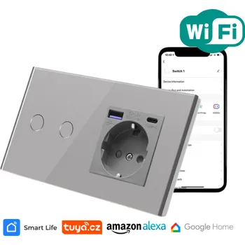 vypínač Dvojnásobný vypínač s rychlonabíjecí USB a USB-C zásuvkou, stříbrný