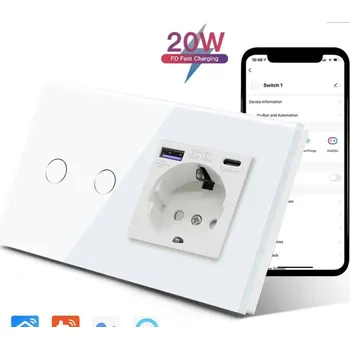 vypínač Chytrý stmívač s rychlonabíjecí zásuvkou s USB a USB-C, tvrzené sklo, dotykový, zlatý