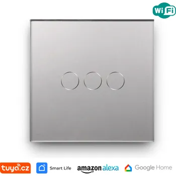 vypínač WiFi trojnásobný vypínač na světlo s ovládáním přes aplikaci, dotykový, stříbrný