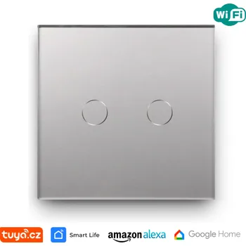 vypínač WiFi dvojnásobný vypínač na světlo s ovládáním přes aplikaci, dotykový, stříbrný