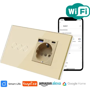 vypínač Trojnásobný vypínač s rychlonabíjecí USB a USB-C zásuvkou, zlatý