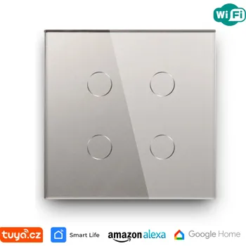 vypínač WiFi čtyřnásobný vypínač na světlo s ovládáním přes aplikaci, dotykový, stříbrný