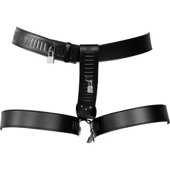 Ouch! PU Leather Female Chastity Belt with Leg Restraint Black