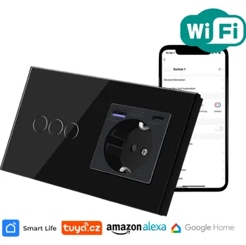 vypínač Trojnásobný vypínač s rychlonabíjecí USB a USB-C zásuvkou, černý