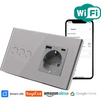 vypínač Trojnásobný vypínač s rychlonabíjecí USB a USB-C zásuvkou, stříbrný