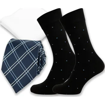 Kravata Tmavě modrý pánský set s kostkovanou kravatou – kravata, kapesníček a ponožky