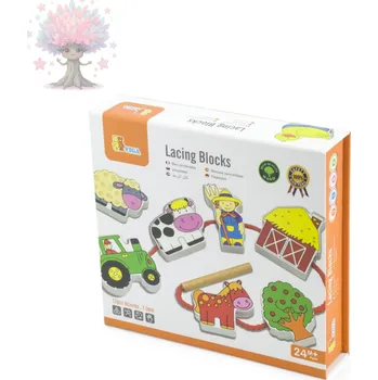 Dětské navlékací korálky Dřevěná navlékačka Farma – navlékání barevných zvířátek, motorická a tematická hra