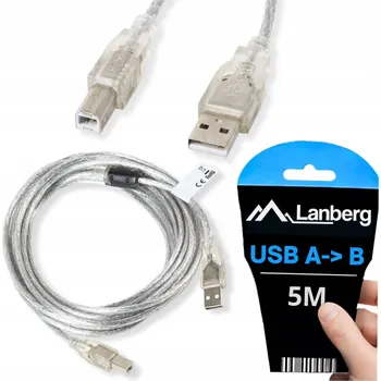 Datový kabel USB kabel typ A - USB typ B 2.0 samec pro tiskárnu 5M PRŮHLEDNÝ LANBERG