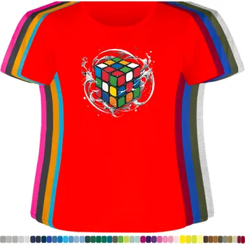 Dámské tričko damske-levne-bavlnene-tricko-digitalni-potisk-slozeni-Rubik-kostka Barva: Red - červená, velikost: S