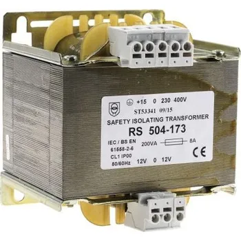 Transformátor Oddělovací transformátor 200VA, primární napětí: 230 V ac, 245 V ac, 400 V ac, 415 V ac, sekundární napětí: ±12V ac,