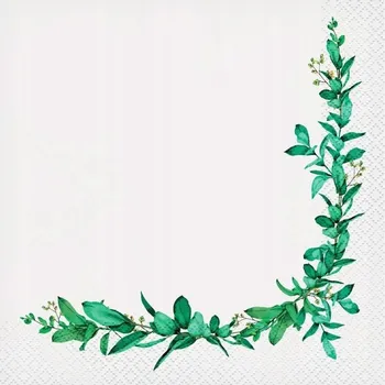 Papírový ubrousek UBROUSKY NA SVATBA, KŘEST, BÍLÉ se zelenými lístky 20x