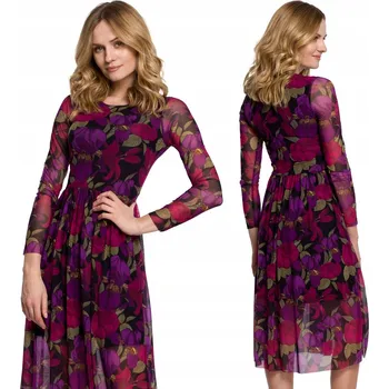 Dámské šaty EU L K064 Rozšířené Šaty se síťovinou a potiskem