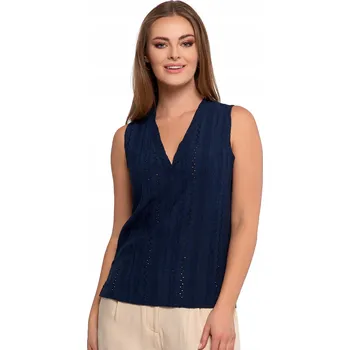 Dámská halenka ELEGANTNÍ DÁMSKÁ HALENKA S VÝŠIVKOU BEZ RUKÁVŮ VÝSTŘIH DO "V" MORAJ MODRÁ M