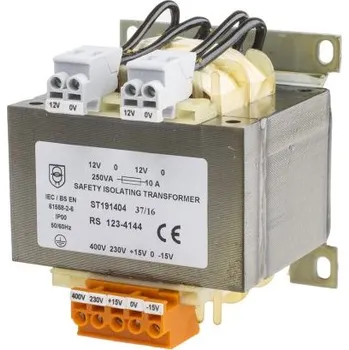 Transformátor Izolační transformátor 250VA, primární napětí: 15 → 400V ac, sekundární napětí: 12V ac, Lišta DIN, 96 x 105 x