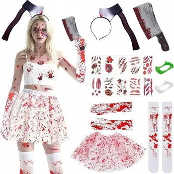Karnevalový kostým HALLOWEENSKÝ KOSTÝM dámský krvavý horor zombie krev + příslušenství