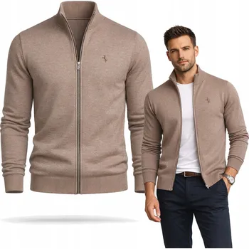 Pánský svetr Pánský propínací svetr se stojáčkem a žebrovanými manžetami, na zip, bavlněný, hnědý, velikost M